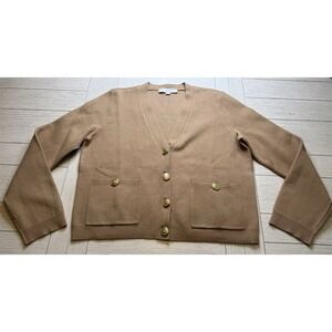 Loft Women Tan V Neck Cropped Boxy Cardigan Patch Pockets Gold Button M Academia